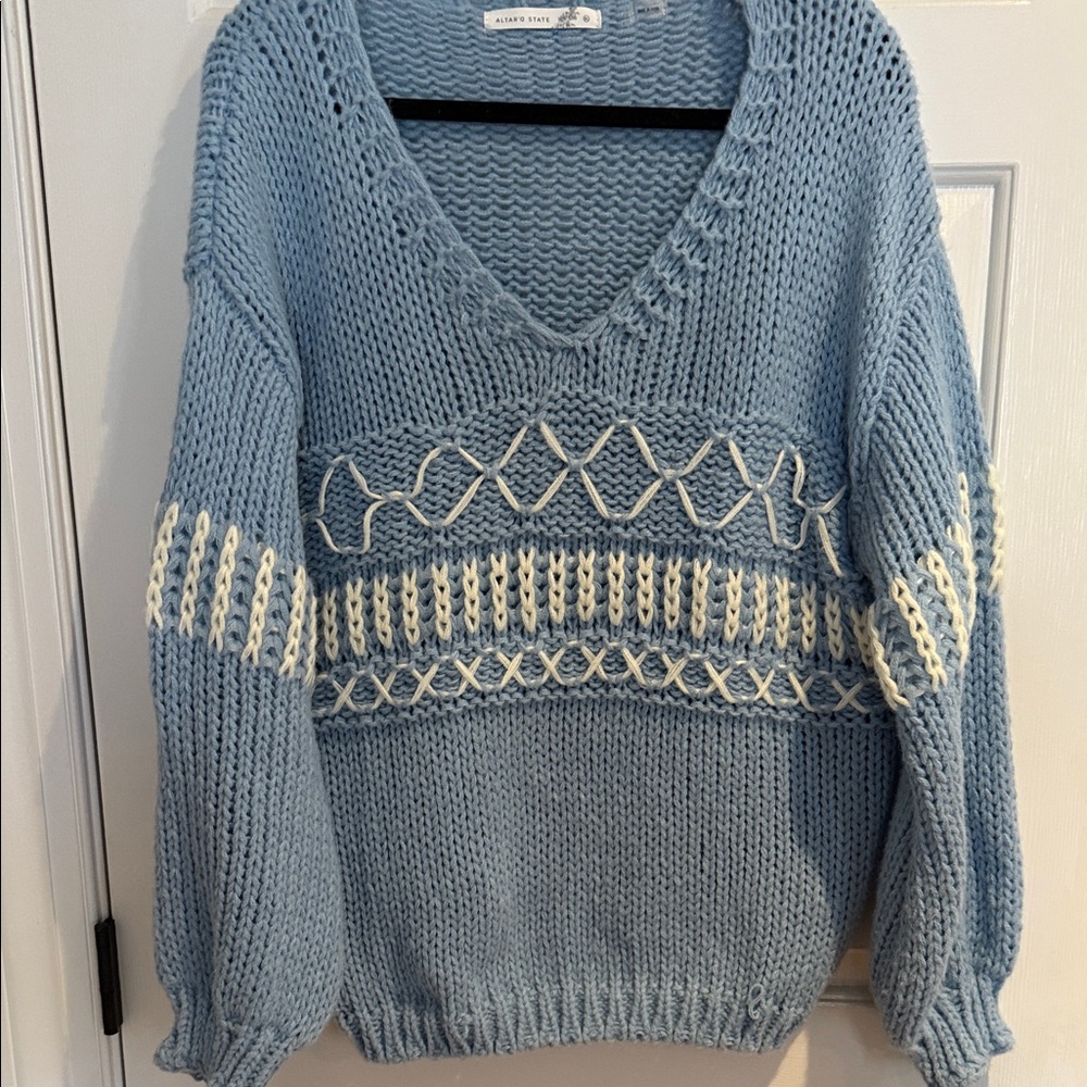 Altar'd State Light Blue V-Neck Sweater with Cream Stitching